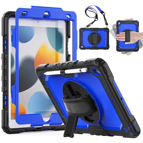 iPad 9th/8th/7th Generation 10.2 inch Case 2021/2020/2019 with Screen Protector Pencil Holder,Full Body Protective [Stand + Hand Strap + Shoulder Strap] Case for iPad 10.2