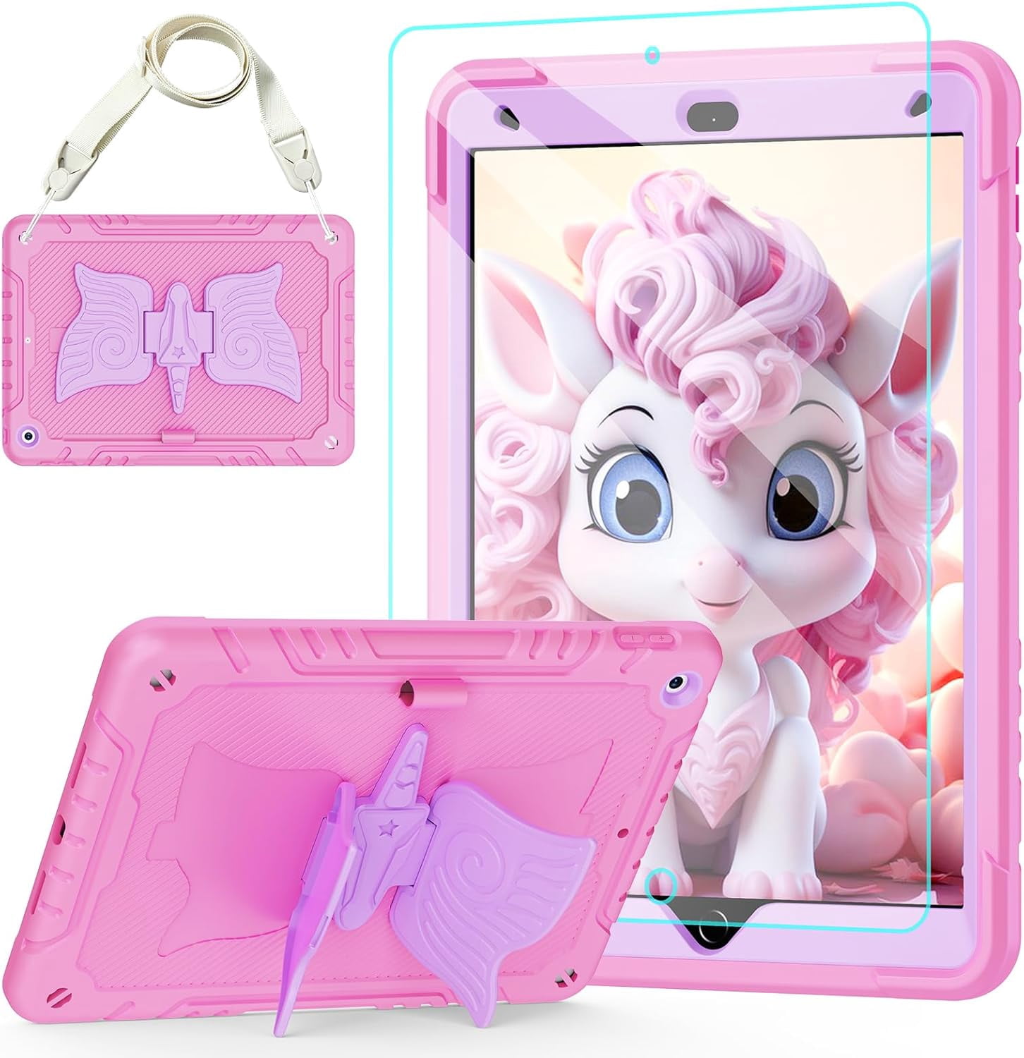 TSQ Case For IPad 9th/8th/7th Generation With Screen Protector For Kids | Military Grade 360 Rotating Stand & Hand Shoulder Strap | Heavy Duty Rugged Silicone Case For IPad 10.2 Inch-Pink - View #3