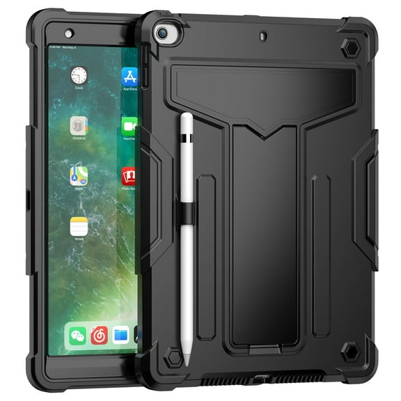 for iPad 9th/8th/7th Generation Case with Pencil Holder & Kickstand, Shockproof Drop Proof Kids Friendly Rugged Full Body Protective Case Cover for iPad 10.2 Inch 2021/2020/2019, Black