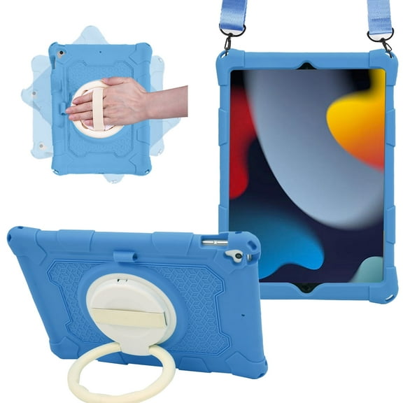 For iPad 9th 8th 7th Generation Case, Soft Silicone Drop Protection Rotating Kickstand with Shoulder Strap Pencil Holder Kids Friendly Lightweight Case for iPad 10.2" 2021/2020/2019, Darkblue