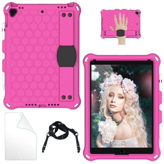 iPad 9th 8th 7th Generation Cases with Screen Protector, iPad 10.2" 2021 2002 2019 Case, Allytech Heavy Duty Shockproof Protective Covers with Stand /Hand Strap/ Should Belt /Pencil Holder,Rose