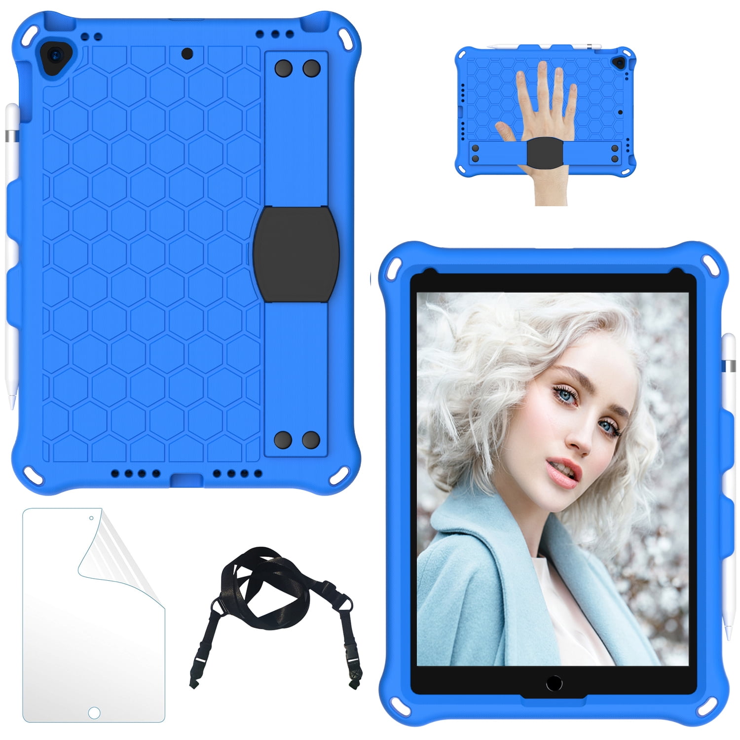 iPad 9th 8th 7th Generation Cases with Screen Protector, iPad 10.2" 2021 2002 2019 Case, Allytech Heavy Duty Shockproof Protective Covers with Stand /Hand Strap/ Should Belt /Pencil Holder,Blue