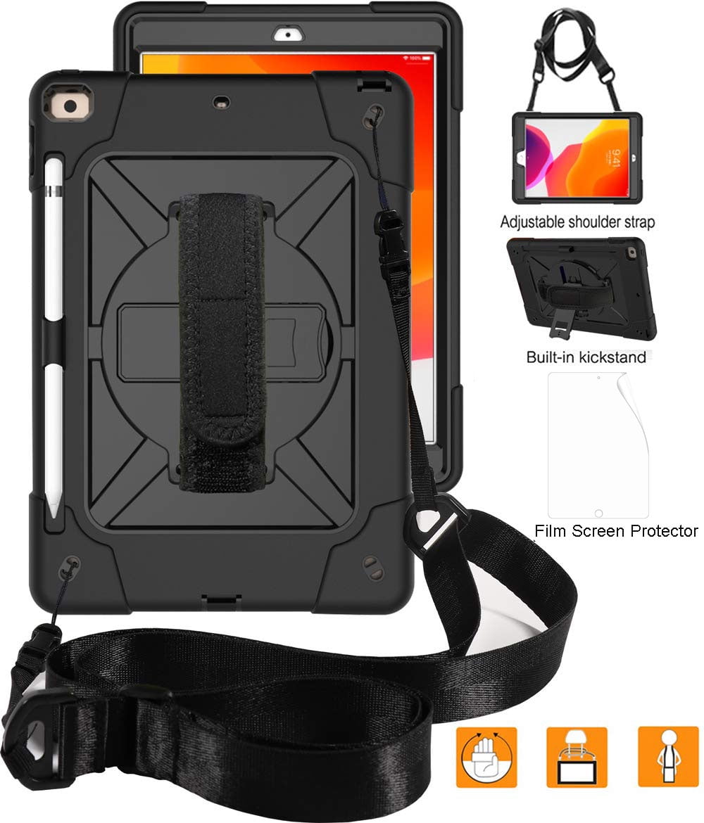 iPad 9th 8th 7th Generation Cases with Screen Protector, iPad 10.2  2021/2020/2019 Case, Allytech Heavy Duty Shockproof Protective Covers with  360 Rotate Stand /Hand Strap/ Should Belt /Pencil Holder 