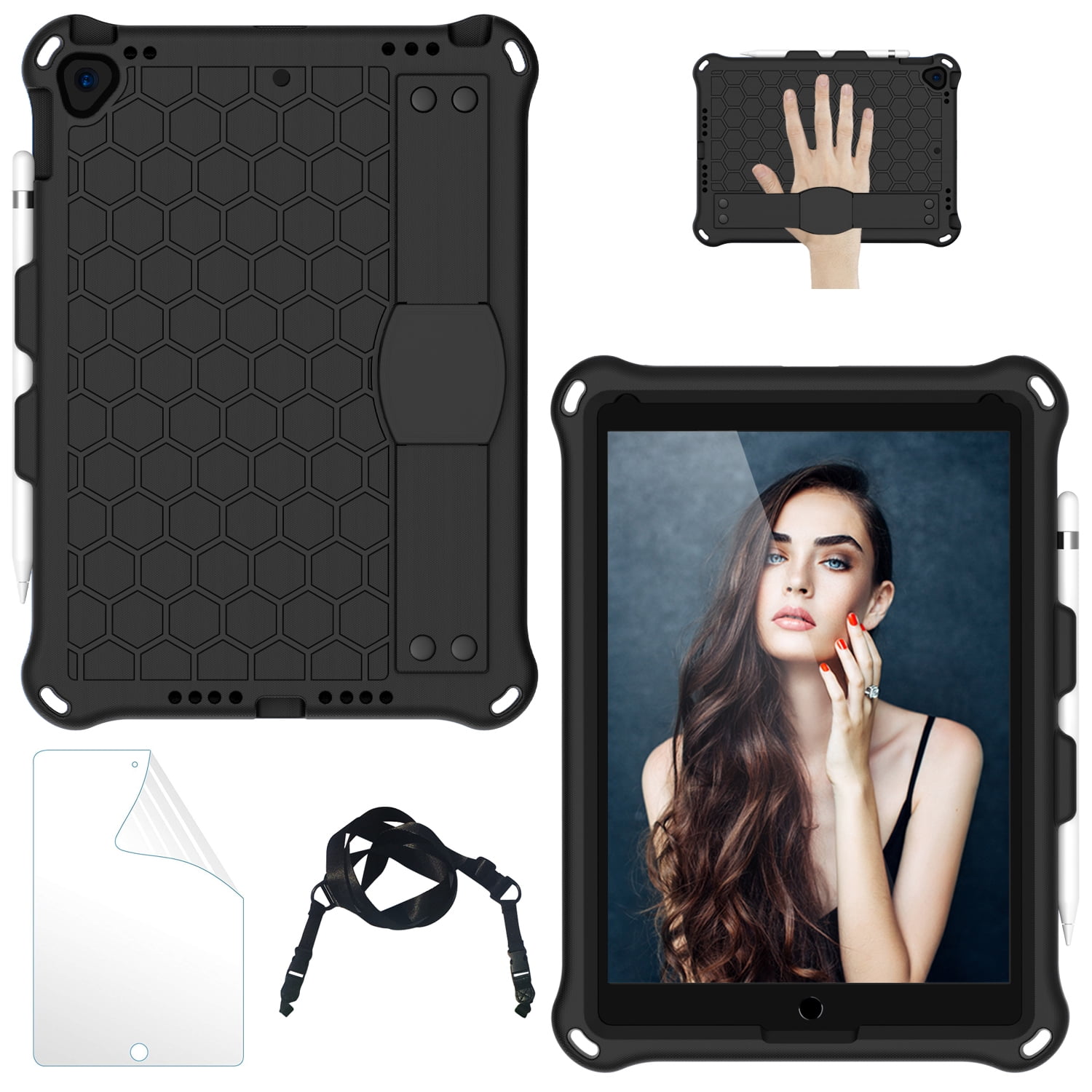 iPad 9th 8th 7th Generation Cases with Screen Protector, iPad 10.2" 2021 2002 2019 Case, Allytech Heavy Duty Shockproof Protective Covers with Stand /Hand Strap/ Should Belt /Pencil Holder,Black