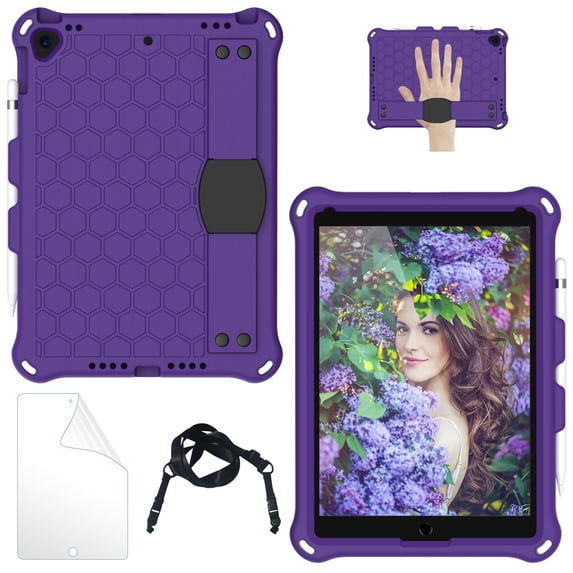 iPad 9th 8th 7th Generation Cases with Screen Protector, iPad 10.2" 2021 2002 2019 Case, Allytech Heavy Duty Shockproof Protective Covers with Stand /Hand Strap/ Should Belt /Pencil Holder,Purple