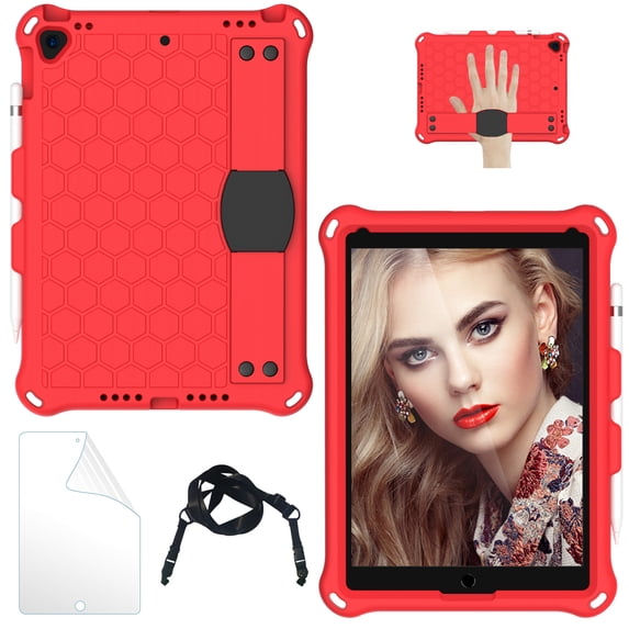 iPad 9th 8th 7th Generation Cases with Screen Protector, iPad 10.2" 2021 2002 2019 Case, Allytech Heavy Duty Shockproof Protective Covers with Stand /Hand Strap/ Should Belt /Pencil Holder,Red