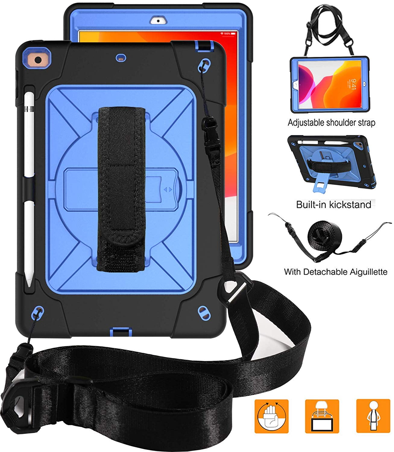 iPad 9th 8th 7th Generation Cases with Screen Protector, iPad 10.2" 2021/2020/2019 Case, Allytech Heavy Duty Shockproof Protective Covers with 360 Rotate Stand /Hand Strap/ Should Belt /Pencil Holder