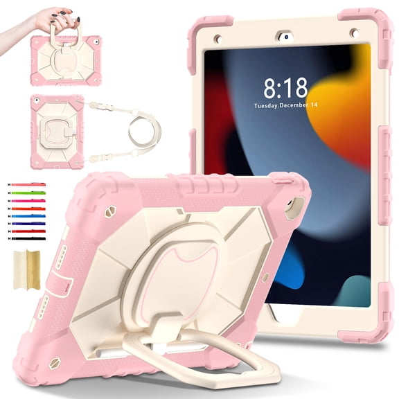 for iPad 9th/8th/7th Generation with Pencil Holder/360° Rotating Kickstand/Grip Handle/Shoulder Strap Kids Girls Heavy Duty Protective 3-Layers Cover for iPad 10.2" 2021/2020/2019, Rosegold+Beige