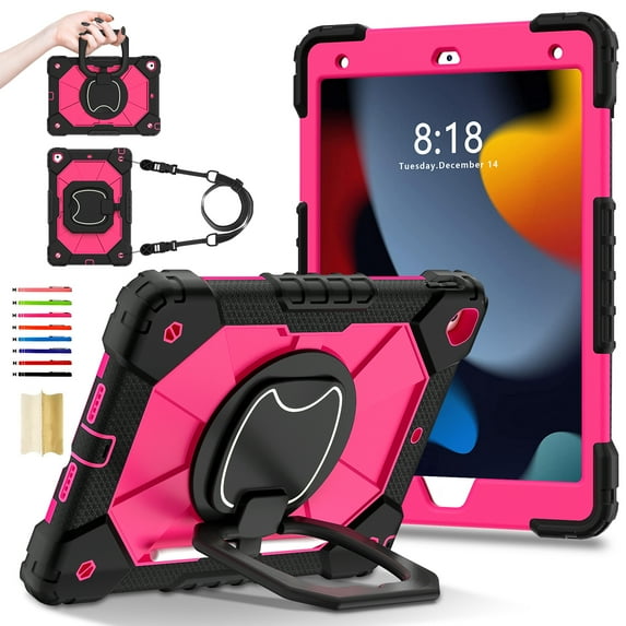 for iPad 9th/8th/7th Generation with Pencil Holder/360° Rotating Kickstand/Grip Handle/Shoulder Strap Kids Girls Heavy Duty Protective 3-Layers Cover for iPad 10.2" 2021/2020/2019, Black+Rose