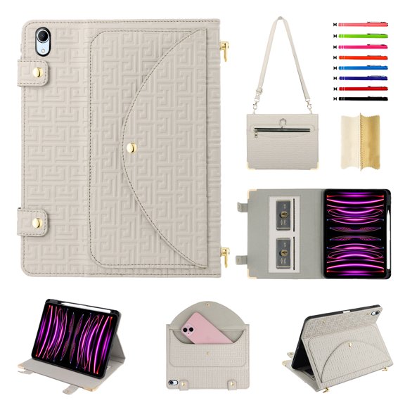 for iPad 9th/8th/7th/Pro 10.5/Air 3 Case, Protective Folio Case with Card Slots & Zipper Pocket & Pencil Holder, Built-in Stand Wallet Function, PU Leather Portable Crossbody Strap Cover, Beige