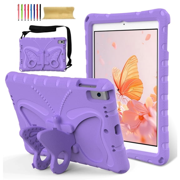 for iPad 9th Gen 2021/8th Gen 2020/7th Gen 2019 Case with Crossbody Strap, Butterfly Stand Cute Kids Friendly Shockproof Protective Heavy Duty Case Cover for iPad 10.2 Inch - Lightpurple