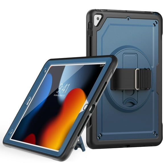 for iPad 9th Gen 2021/8th Gen 2020/7th Gen 2019 Case, Durable Sturdy Protection Case Hidden Folding Bracket Hand Strap and Pencil Holder with Heat Sink Hole for iPad 10.2" - Navyblue