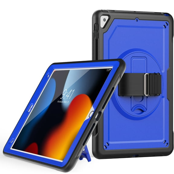 for iPad 9th Gen 2021/8th Gen 2020/7th Gen 2019 Case, Durable Sturdy Protection Case Hidden Folding Bracket Hand Strap and Pencil Holder with Heat Sink Hole for iPad 10.2" - Darkblue