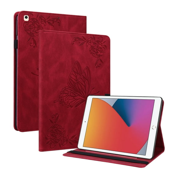 iPad 9th Generation 10.2 inch 2021 Smart Case,iPad 8th Gen 2020 Dteck Butterfly Pattern Leather Card Holder Wallet Case Kickstand Hybrid Rubber Folio Flip Cover for iPad 7th Gen 10.2" 2019,Red