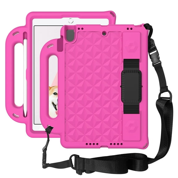 iPad 9th Generation 10.2-inch Case,Dteck Shockproof EVA Foam Kids Friendly Handle Kickstand Hand Strap Case for iPad 8th/7th Gen 10.2" Lightweight Protector Cover with Shoulder Strap,Rose