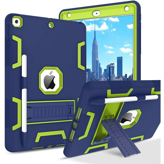 iPad 9th Generation Case, iPad 8th Generation Case, iPad 7th Gen Case, iPad 10.2"2021/2020/2019 Case, 3 in 1 Heavy Duty Rugged Antish Protective Cover with Stand Pen Holder, Blue/Green