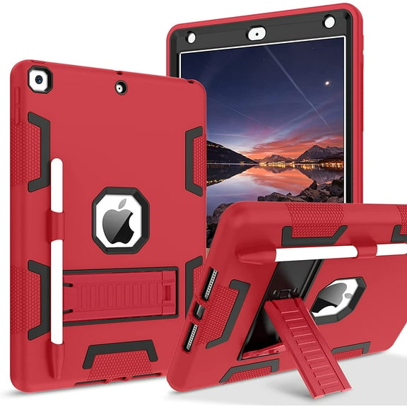 iPad 9th Generation Case, iPad 8th Generation Case, iPad 7th Gen Case, iPad 10.2"2021/2020/2019 Case, 3 in 1 Heavy Duty Ruggedproof Protective Cover with Stand Pen Holder, Red/Black