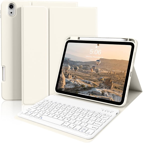 for iPad(A16) 11th/10th Generation Case with Keyboard (11/10.9 inch) | 2025/2022, Square Key, Wireless Detachable Bluetooth Keyboard Cover, Flip Stand Case Thin with Pencil Holder, Cream White