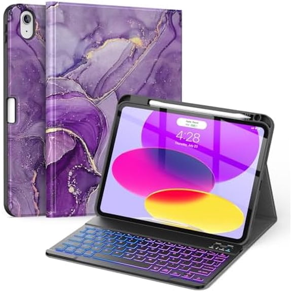 for iPad (A16) 11th/10th Generation Case with Keyboard(2025/2022)-7 Color Backlight Wireless Detachable Folio Keyboard Cover with Built-in Pencil Holder for iPad 11/10.9 inch, Purple Marble