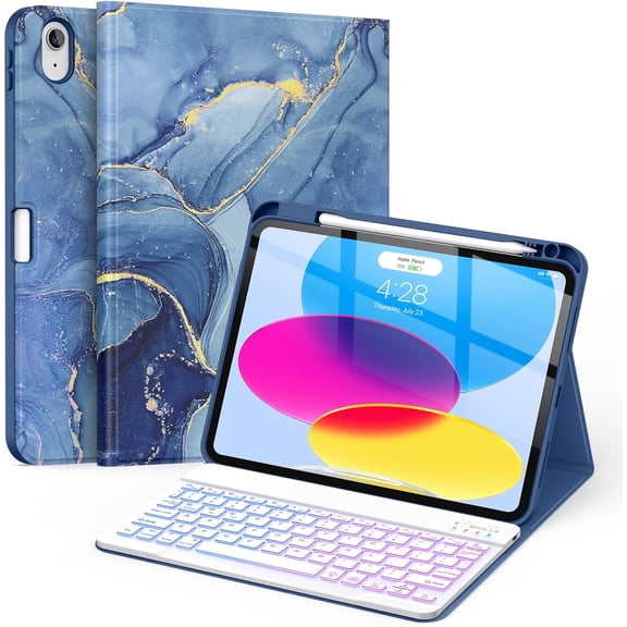 for iPad (A16) 11th/10th Generation Case with Keyboard(2025/2022)-7 Color Backlight Wireless Detachable Folio Keyboard Cover with Built-in Pencil Holder for iPad 11/10.9 inch, Ocean Marble