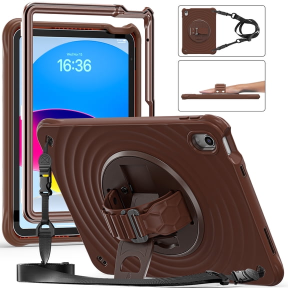 for iPad (A16) 11th Gen 2025 Case, Durable Sturdy Protection Case with Rotation Stand, Portable Hand Strap and Shoulder Strap Pencil Holder, Case for iPad 10th Gen 10.9" 2022, Chocolate