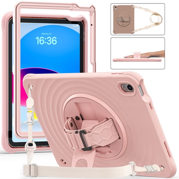 for iPad (A16) 11th Gen 2025 Case, Durable Sturdy Protection Case with Rotation Stand, Portable Hand Strap and Shoulder Strap Pencil Holder, Case for iPad 10th Gen 10.9" 2022, Pink