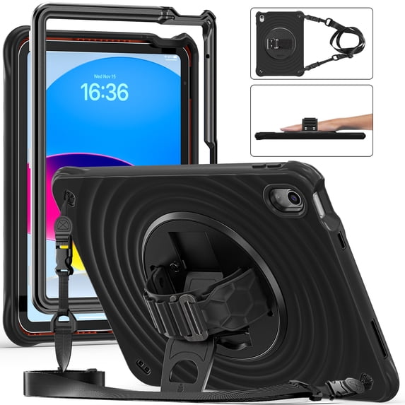 for iPad (A16) 11th Gen 2025 Case, Durable Sturdy Protection Case with Rotation Stand, Portable Hand Strap and Shoulder Strap Pencil Holder, Case for iPad 10th Gen 10.9" 2022, Black