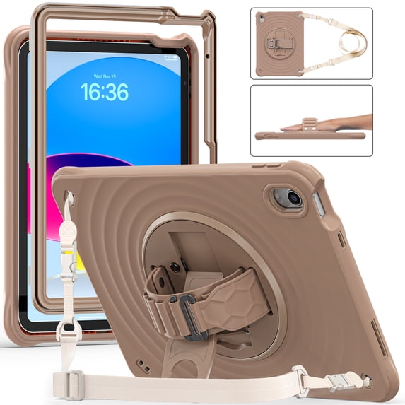 for iPad (A16) 11th Gen 2025 Case, Durable Sturdy Protection Case with Rotation Stand, Portable Hand Strap and Shoulder Strap Pencil Holder, Case for iPad 10th Gen 10.9" 2022, Latte