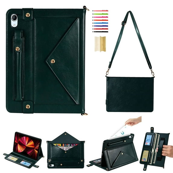 for iPad (A16) 11th Gen 2025 / iPad 10th Gen 10.9" 2022 PU Leather Case, with Pencil Holder, Money Pocket, Shoulder/Hand Strap, Card Slots Kickstand Flip Cover, Full Body Protection, Darkgreen