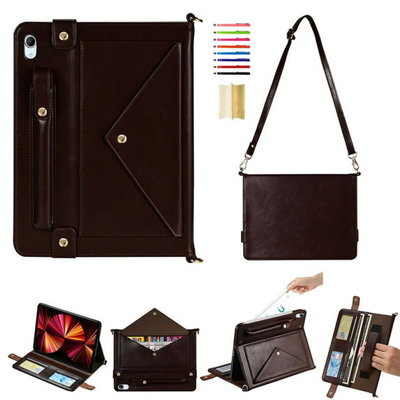 for iPad (A16) 11th Gen 2025 / iPad 10th Gen 10.9" 2022 PU Leather Case, with Pencil Holder, Money Pocket, Shoulder/Hand Strap, Card Slots Kickstand Flip Cover, Full Body Protection, Dark Coffee