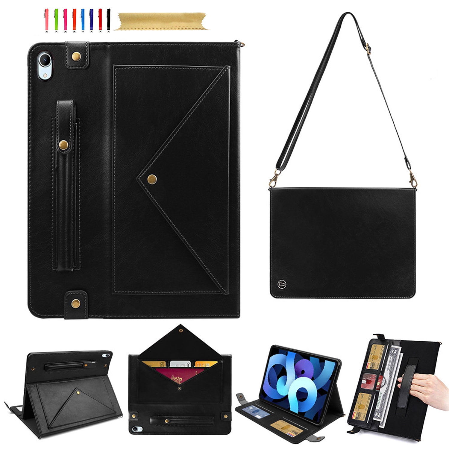 for iPad (A16) 11th Gen 2025 / iPad 10th Gen 10.9" 2022 PU Leather Case, with Pencil Holder, Money Pocket, Shoulder/Hand Strap, Card Slots Kickstand Flip Cover, Full Body Protection, Black