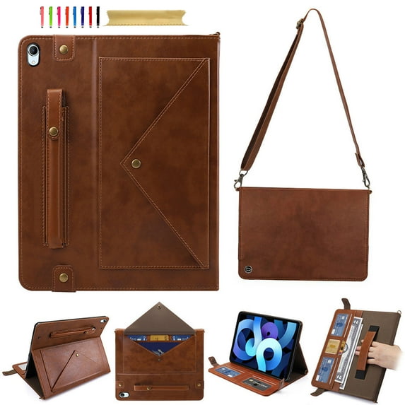for iPad (A16) 11th Gen 2025 / iPad 10th Gen 10.9" 2022 PU Leather Case, with Pencil Holder, Money Pocket, Shoulder/Hand Strap, Card Slots Kickstand Flip Cover, Full Body Protection, Coffee