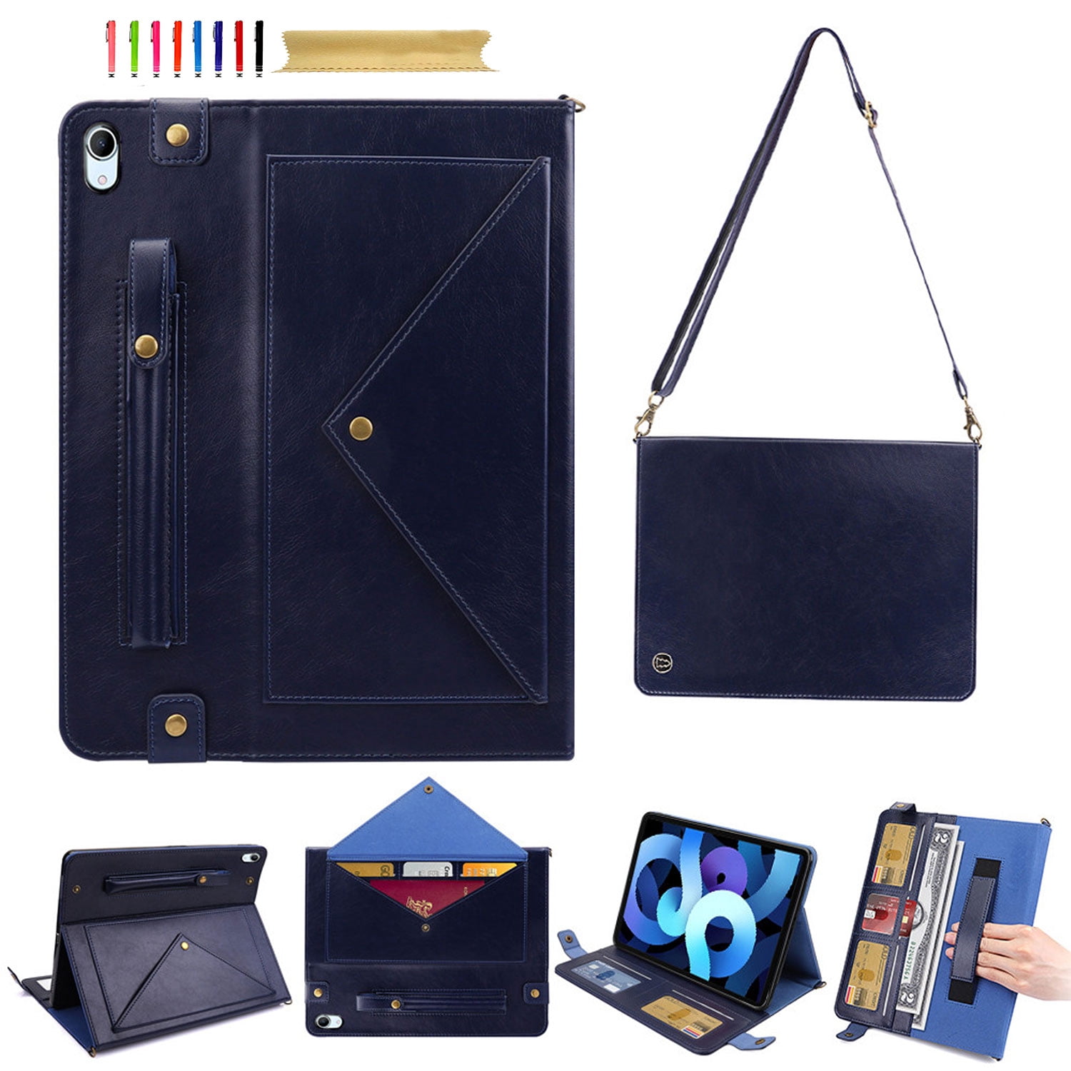 for iPad (A16) 11th Gen 2025 / iPad 10th Gen 10.9" 2022 PU Leather Case, with Pencil Holder, Money Pocket, Shoulder/Hand Strap, Card Slots Kickstand Flip Cover, Full Body Protection, Blue