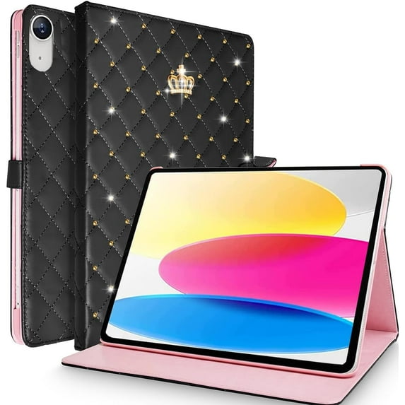 for iPad (A16) 11th Generation 11 Inch 2025/iPad 10th Generation 10.9" 2022 Case, Girl Crown Rhinestone Cute PU Leather Auto Sleep/Wake Stand Shockproof Smart Case for iPad 11th/10th,Pink