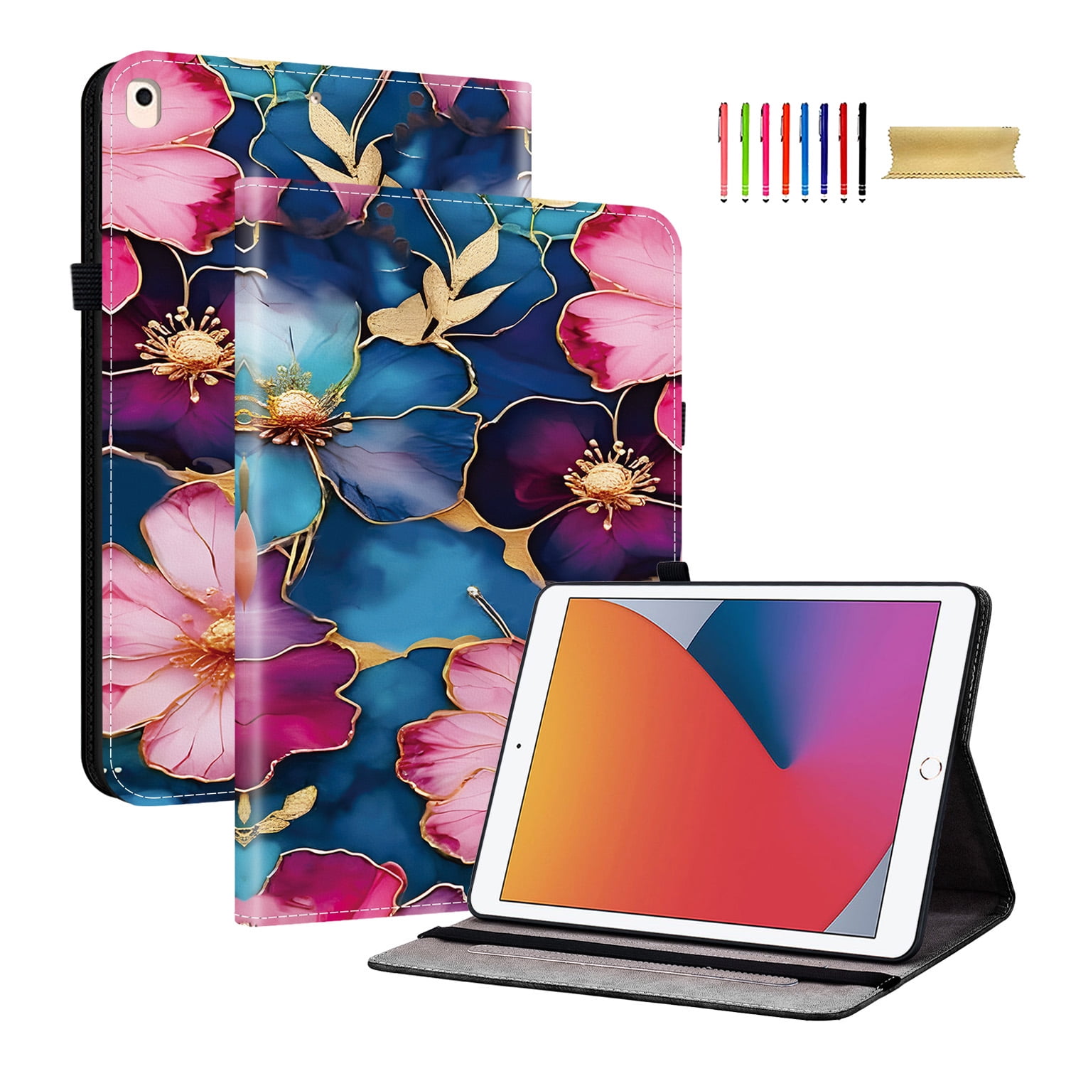 For iPad A16 11th Generation Case 11" 2025, iPad 10th Gen Case 2022, Premium PU Leather Flip Cover Stand Cover with Cards Slots Pencil Holder Shockproof TPU Inner Case for iPad 11 10, Flowers