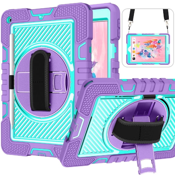 for iPad A16 11th Generation Case 2025, iPad 10th Generation Case 2022,Heavy Duty Rugged Protective Case Rotating Hand Strap Stand Handle Shoulder Strap Kids Cover,Purple