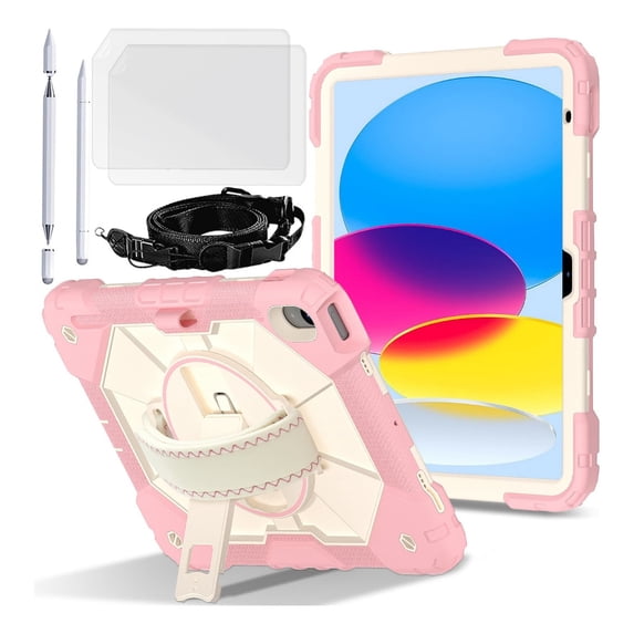 for iPad A16 2025/iPad 10.9 (10th generation) 2022 Case with Screen Protector/Shoulder Strap/Wrist Handle Grip/Rotating Stand/Stylus Pencil Holder, Rugged Armor Silicone Cover Drop/Shock Proof Kids