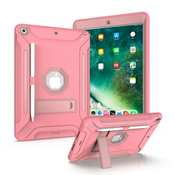iPad Air 1 Case, iPad 9.7 Case 5th Generation, Dual Layer Shockproof Lightweight Hybrid Rugged Kickstand Protective Cover with Pencil Holder, Rose Gold