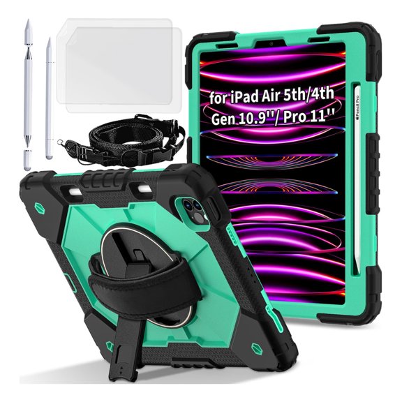 for iPad Air 10.9 (2022/2020) 5th/4th Case with Screen Protector/Shoulder Strap/Wrist Handle Grip/Rotating Stand/Stylus Pencil Holder, Rugged Armor Silicone Cover Drop/Shock Proof Kids
