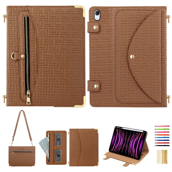 for iPad Air 11" 2024 Crossbody Case, for iPad Pro 11" 2022/2021/2020/2018, PU Leather Flip Cover with Card Holder Zipper Pocket Stand Lanyard Pen Slot for iPad Air 5th/4th Gen 10.9" 2022, Brown