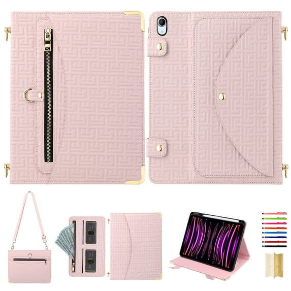 for iPad Air 11" 2024 Crossbody Case, for iPad Pro 11" 2022/2021/2020/2018, PU Leather Flip Cover with Card Holder Zipper Pocket Stand Lanyard Pen Slot for iPad Air 5th/4th Gen 10.9" 2022, Pink