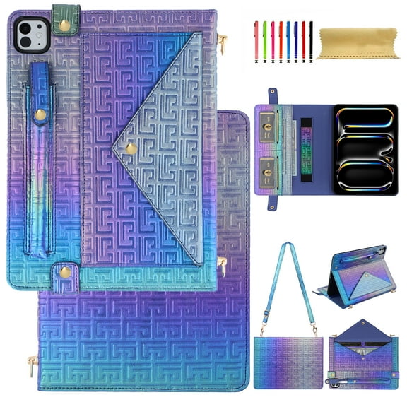 For iPad Air 11 2024/Pro 11 2022-2018/Air4/Air5 Wallet Case,With Shoulder Strap&Hand Strap With Elastic,[Stylus Slots&Envelope Pocket,Card Slots],Flip Folio Stand PU Leather Shockproof Cover,Colorful