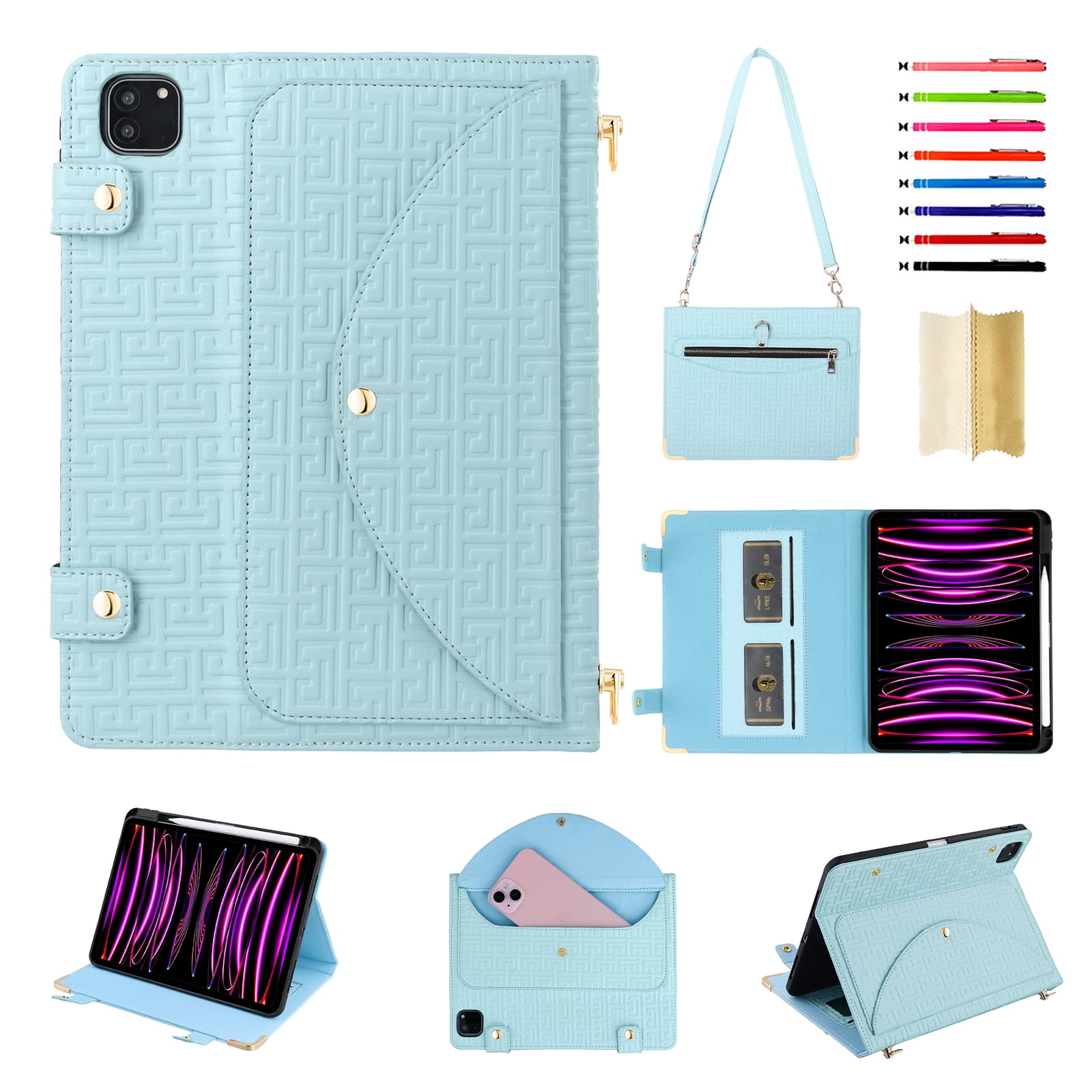 for iPad Air 11 2024/Pro 11 2022 2021 2020 2018/Air 4/Air 5, Protective Folio Case with Card Slots & Zipper Pocket & Pencil Holder, Stand Wallet PU Leather Portable Crossbody Strap Cover, Blue