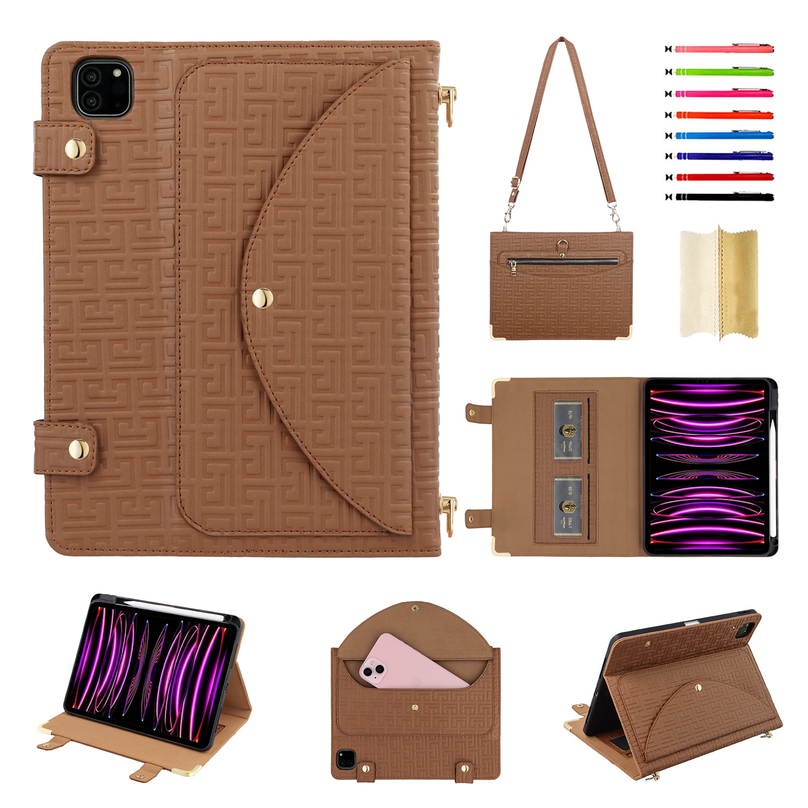for iPad Air 11 2024/Pro 11 2022 2021 2020 2018/Air 4/Air 5, Protective Folio Case with Card Slots & Zipper Pocket & Pencil Holder, Stand Wallet PU Leather Portable Crossbody Strap Cover, Brown