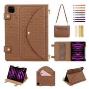 for iPad Air 11 2024/Pro 11 2022 2021 2020 2018/Air 4/Air 5, Protective Folio Case with Card Slots & Zipper Pocket & Pencil Holder, Stand Wallet PU Leather Portable Crossbody Strap Cover, Brown