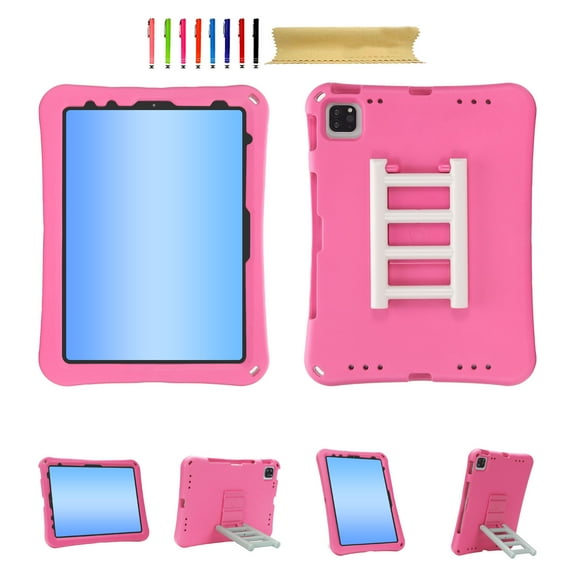 for iPad Air 11 2024/Pro 11 2024/Pro 11 2022 2021 2020 2018/Air4/Air5/10th Gen Kids Friendly EVA Rugged Case, Adjustable 360 Degree Rotating Stairs Kickstand, Drop Protection Heavy Duty Cover - Rose