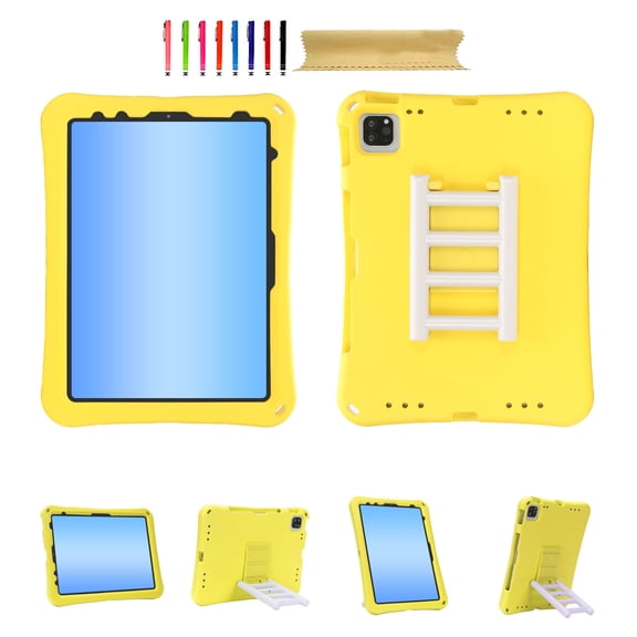 for iPad Air 11 2024/Pro 11 2024/Pro 11 2022 2021 2020 2018/Air4/Air5/10th Gen Kids Friendly EVA Rugged Case, Adjustable 360 Degree Rotating Stairs Kickstand, Drop Protection Heavy Duty Cover - Yellow