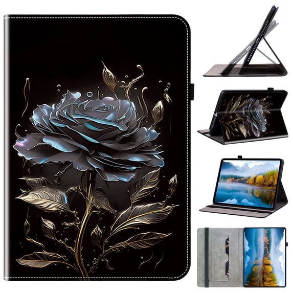 for iPad Air 11 2024/Pro11 2022/2021/2020/2018/Air4/Air5 Magnetic Auto Sleep/Wake Case, Flower Pattern PU Leather Card Slots Pencil Slot Elastic Strap Kickstand Folio Flip Cover, Black Rose