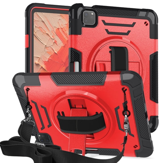 for iPad Air 11 2024, Rugged Shockproof Case for iPad Air 11 2024 with Pencil Holder, 360 Rotating Hand Strap & Stand, Shoulder Strap, TPU PC 3 Layers Multi-Functional Cover - Red