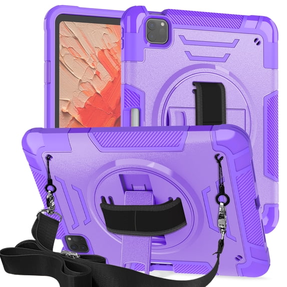 for iPad Air 11 2024, Rugged Shockproof Case for iPad Air 11 2024 with Pencil Holder, 360 Rotating Hand Strap & Stand, Shoulder Strap, TPU PC 3 Layers Multi-Functional Cover - Purple